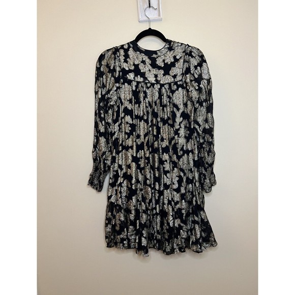 NWT Anthropologie Black Gold Metallic Foil Long Sleeve Ruffle Tunic Dress Sz XS - Picture 2 of 7